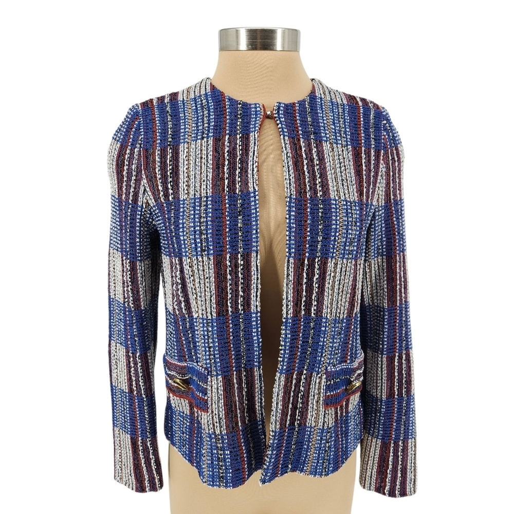 Misook Blazer Blue Plaid Long Sleeve Open Front Tweed Knit Jacket